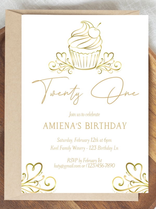 Golden Cupcake Birthday Elegant Invitation