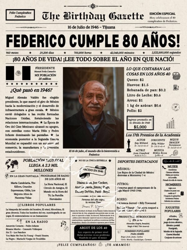 80th Birthday Newspaper Mexico