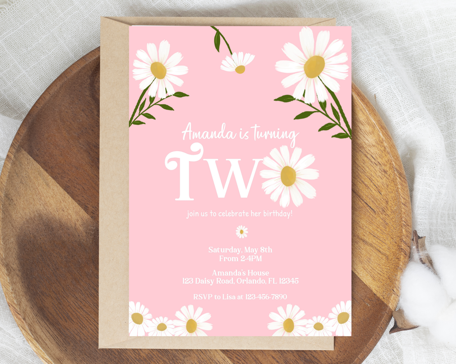 Pink Daisy Second Birthday Invitation Pink Daisy Second Birthday Invitation