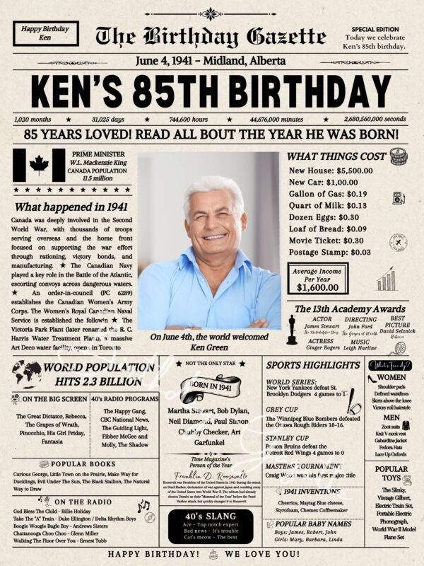 85th Birthday Newspaper Canada