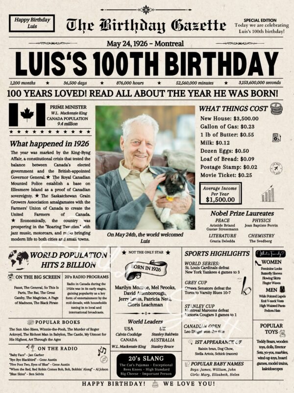 100th Birthday Newspaper Canada