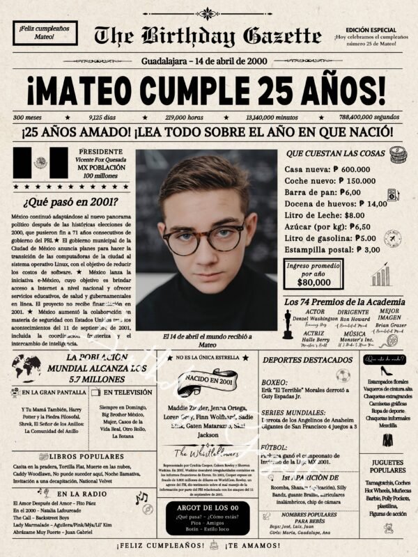 25th Birthday Newspaper Customized Mexico