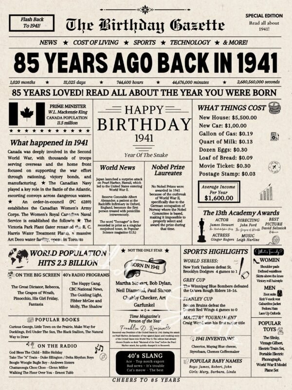 85th birrthday newsaper canada