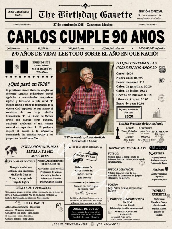 90th Birthday Newspaper Customized Mexico