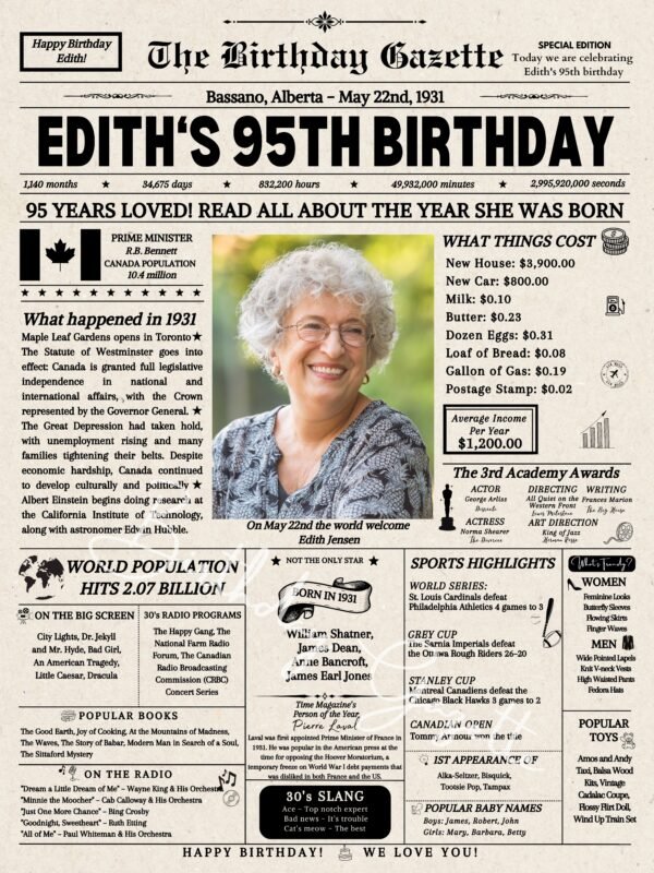 95th Birthday Newspaper Canada
