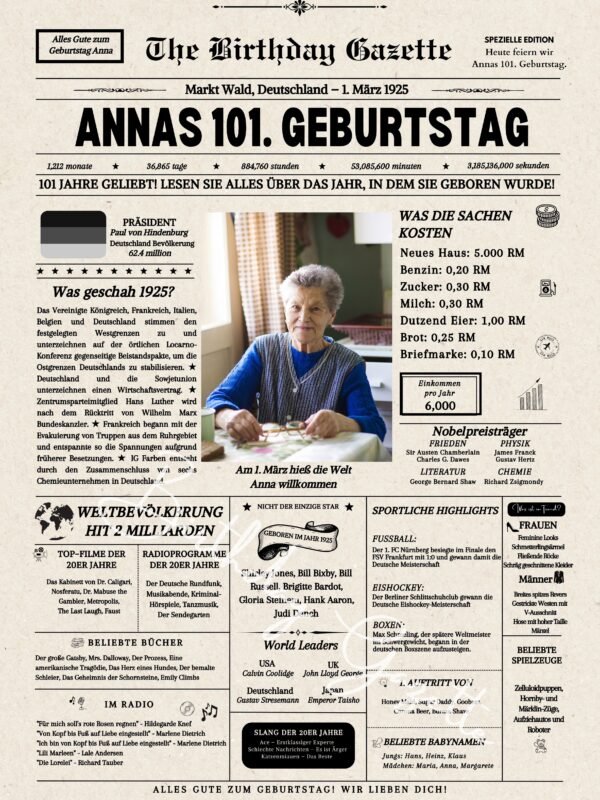 101st Birthday Newspaper Germany Customized