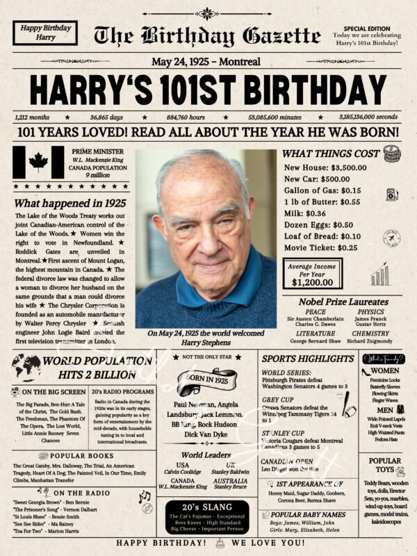 101st Birthday Newspaper Canada