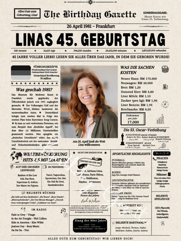 45th Birthday Newspaper Germany Customized