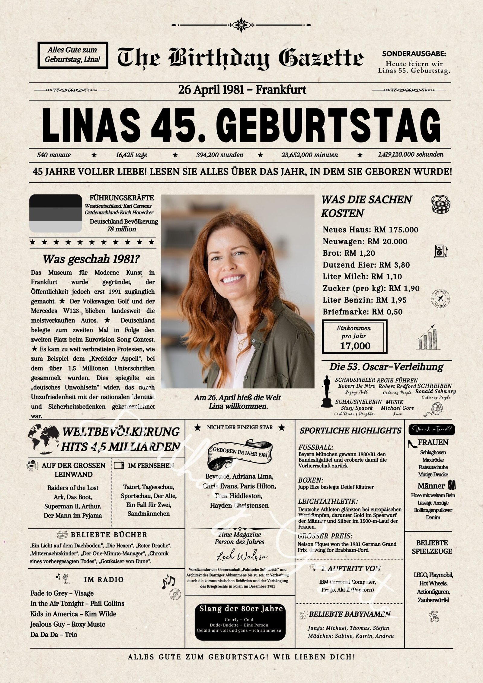 45th Birthday Newspaper Germany Customized 45th Birthday Newspaper Germany Customized