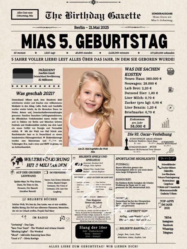 5th Birthday Newspaper Germany Customized