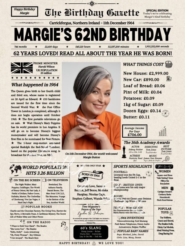 62nd Birthday Newspaper Customized UK