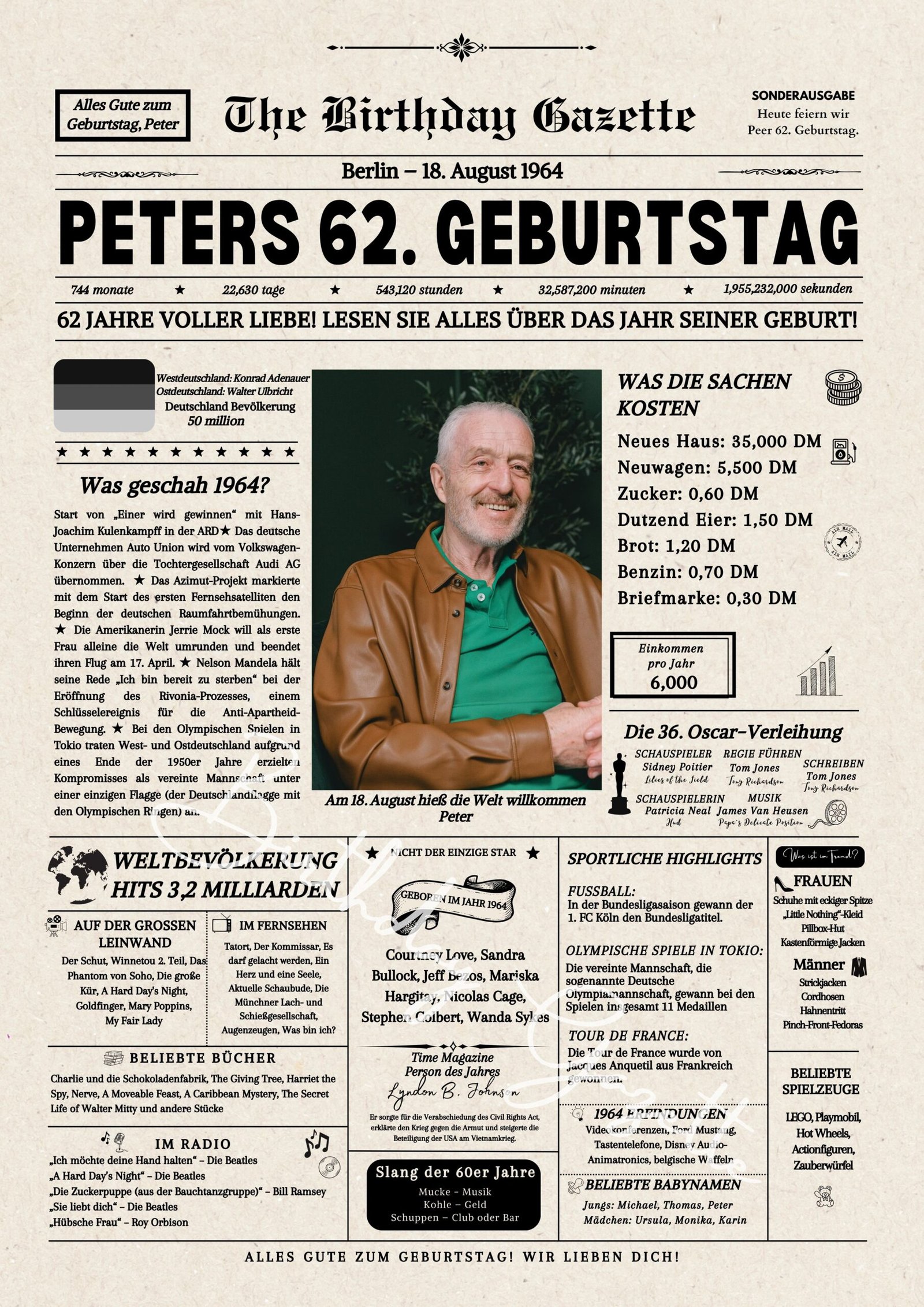 62nd Birthday Newspaper Germany Customized 62nd Birthday Newspaper Germany Customized