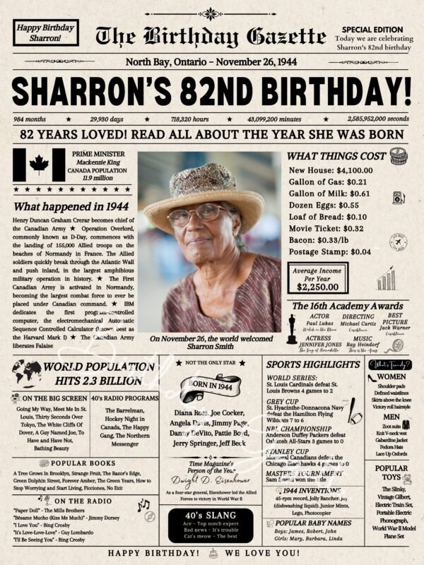 82nd Birthday Newspaper Customized Canada