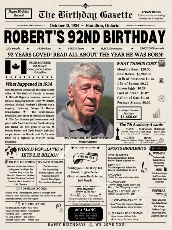 92nd Birthday Newspaper Customized Canada