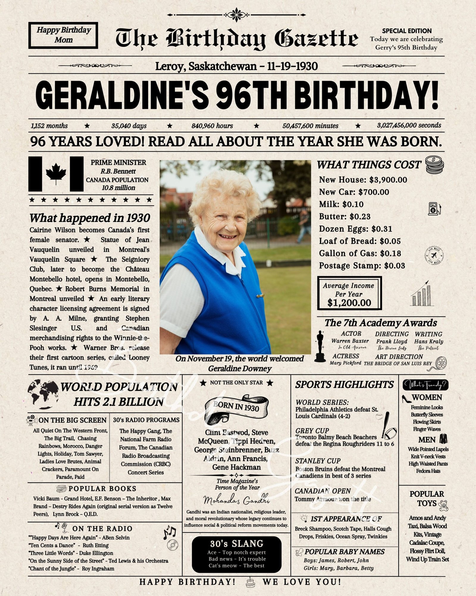 96th Birthday Newspaper Customized Canada 96th Birthday Newspaper Customized Canada