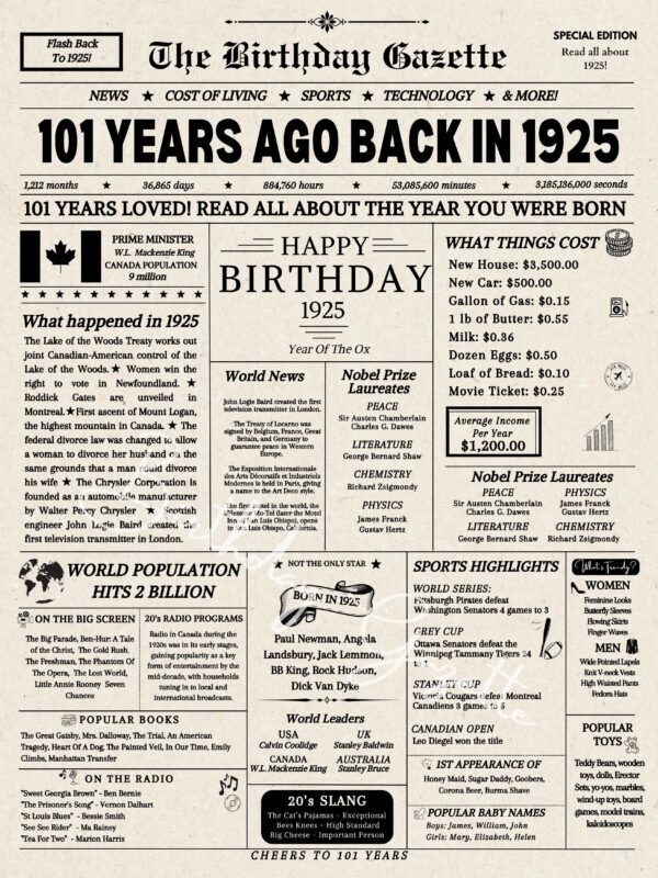 101st Birthday Newspaper Canada